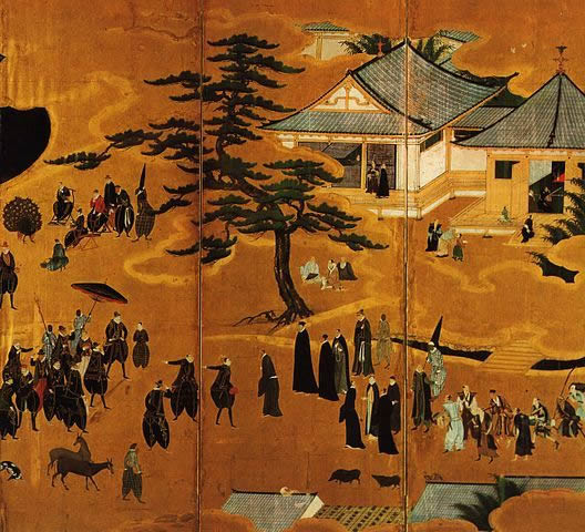 Folding screen depicting Portuguese, Jesuits and Japanese